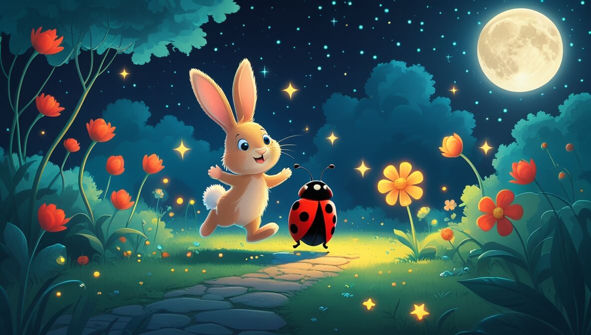 Fluffy-tailed bunny and red-winged ladybug hop in a moonlit garden with glowing flowers and twinkling stars.