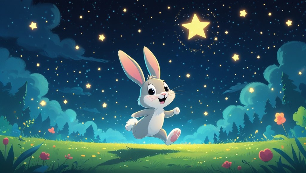 Curious bunny with big ears hops in a moonlit meadow, playful star above, sky full of twinkling stars.