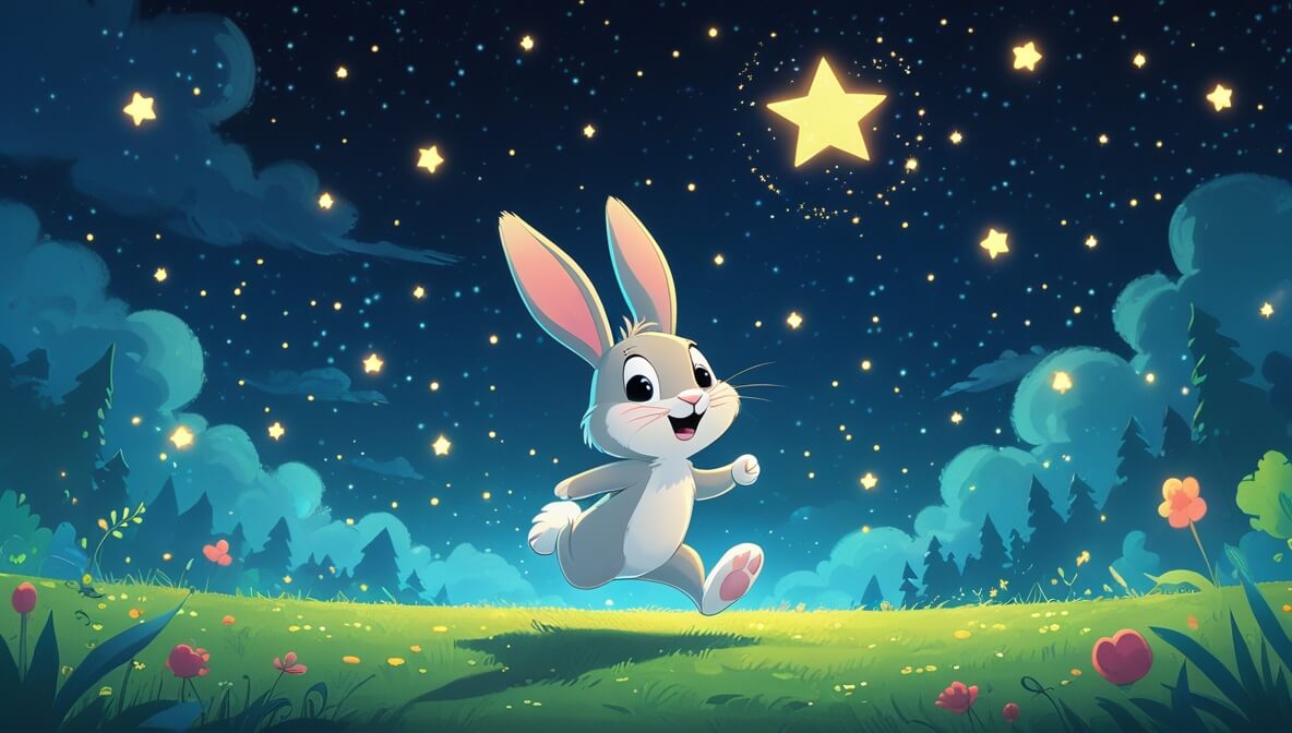 Curious bunny with big ears hops in a moonlit meadow, playful star above, sky full of twinkling stars.