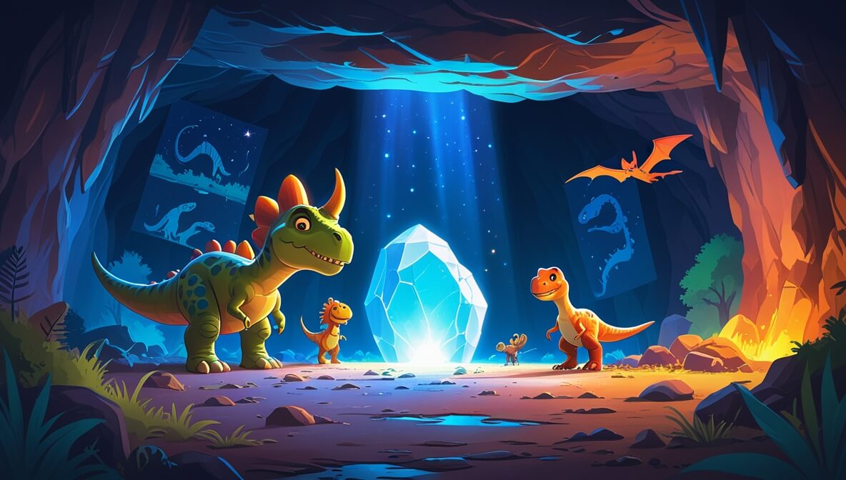 Triceratops, T-Rex, and Brachiosaurus in a cave with a glowing stone illuminating ancient paintings.