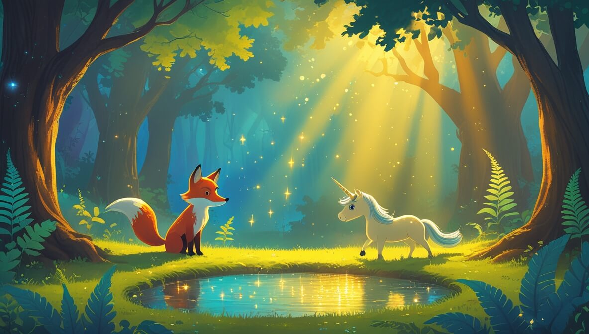 Curious fox and wise owl by a glade, sunlight on a pool, unicorn with sparkling mane in lush ferns.