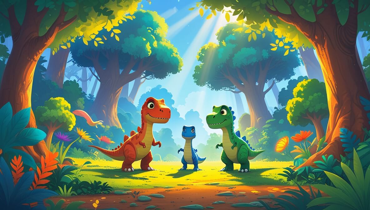 Three dinosaurs at a lush valley entrance, surrounded by tall trees and colorful plants under a blue sky.
