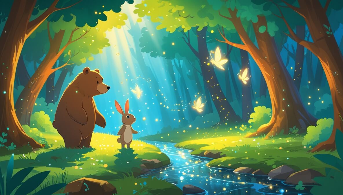 Gentle bear and curious rabbit by a stream, with fairies and golden dust in a sunlit, magical forest scene.