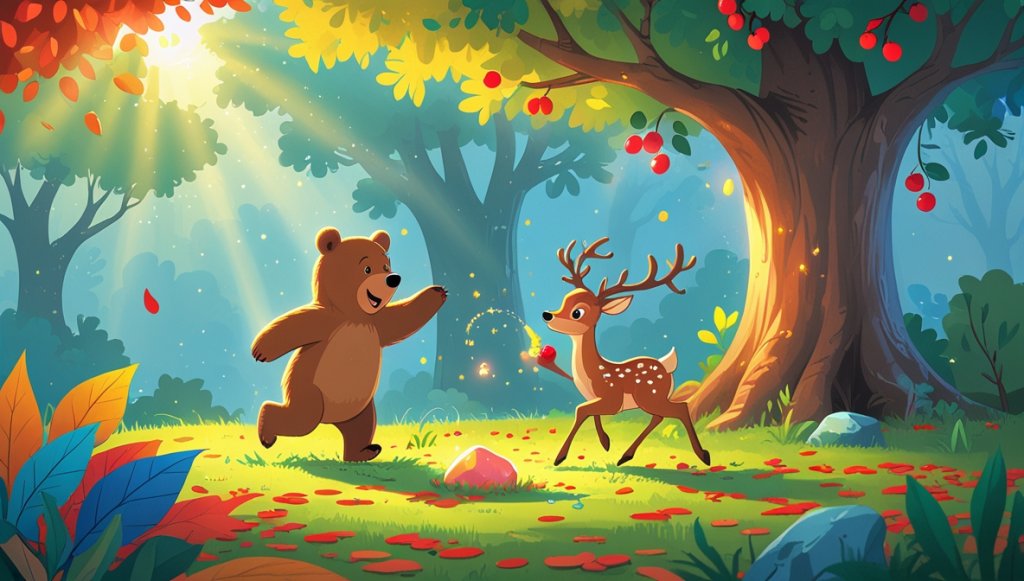 Bear and deer play among colorful leaves, sharing red berries near a grand tree with a magical stone nearby.