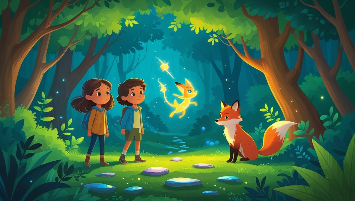 Milo and Lila explore a glowing forest, with Glimmer and Silva the fox among sparkling stones.