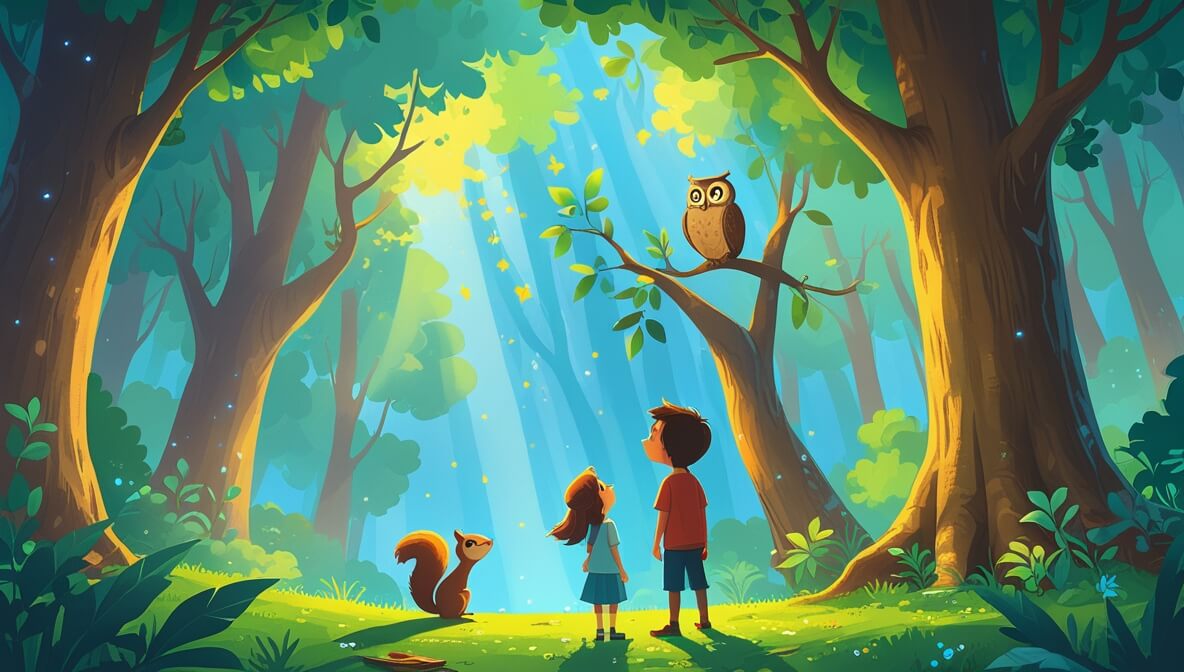 Magical forest with two kids and a wise owl on a branch, surrounded by green leaves and a playful squirrel nearby.