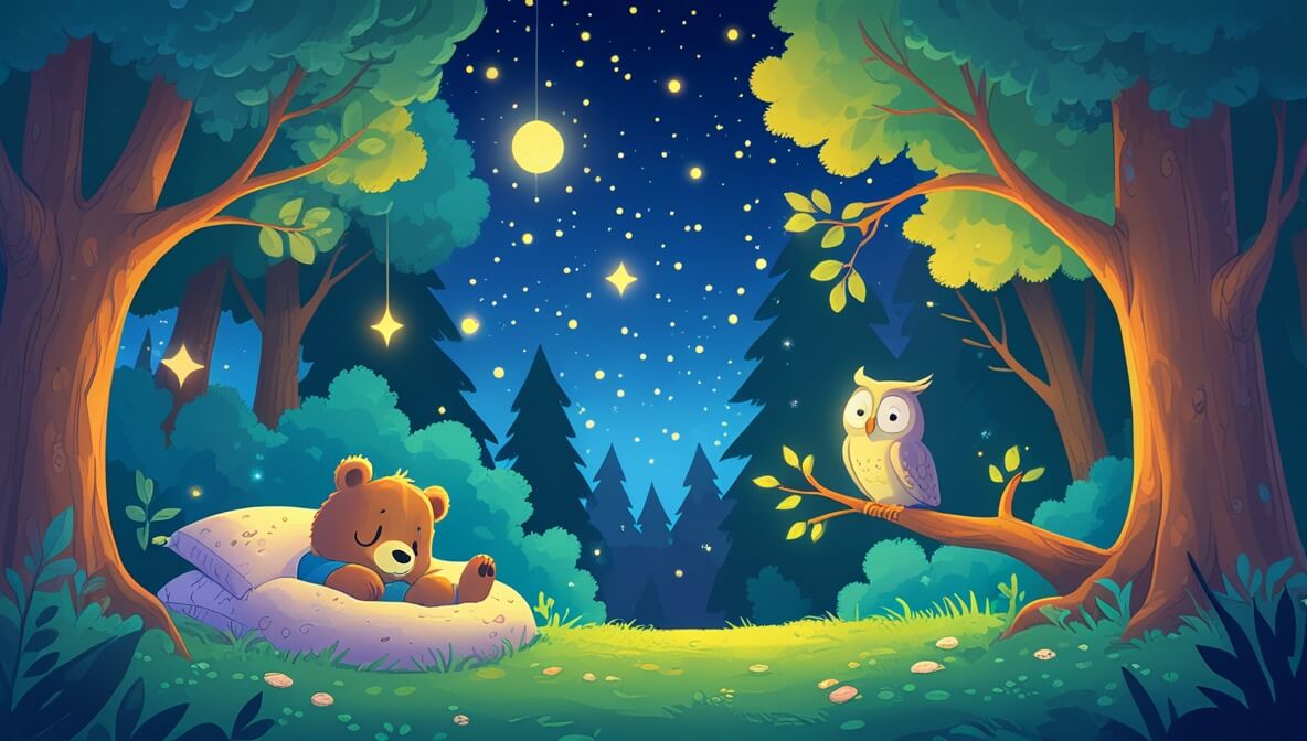 Little bear Fuzzball snuggles in a moonlit forest den, while Luna the Owl sings on a branch under starry skies.