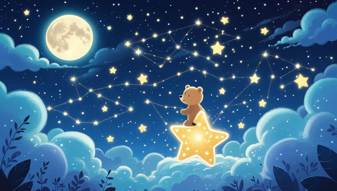 Fluffy bear riding a sparkling star across a sky filled with twinkling stars and a glowing moon.