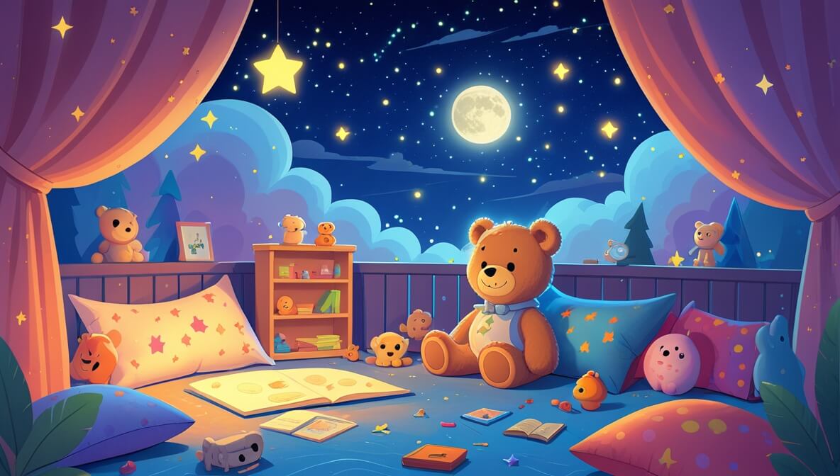 Teddy bear Fuzzle in a cozy room, starry night sky with Twinklebeam star, moon glow, and twinkling stars above.