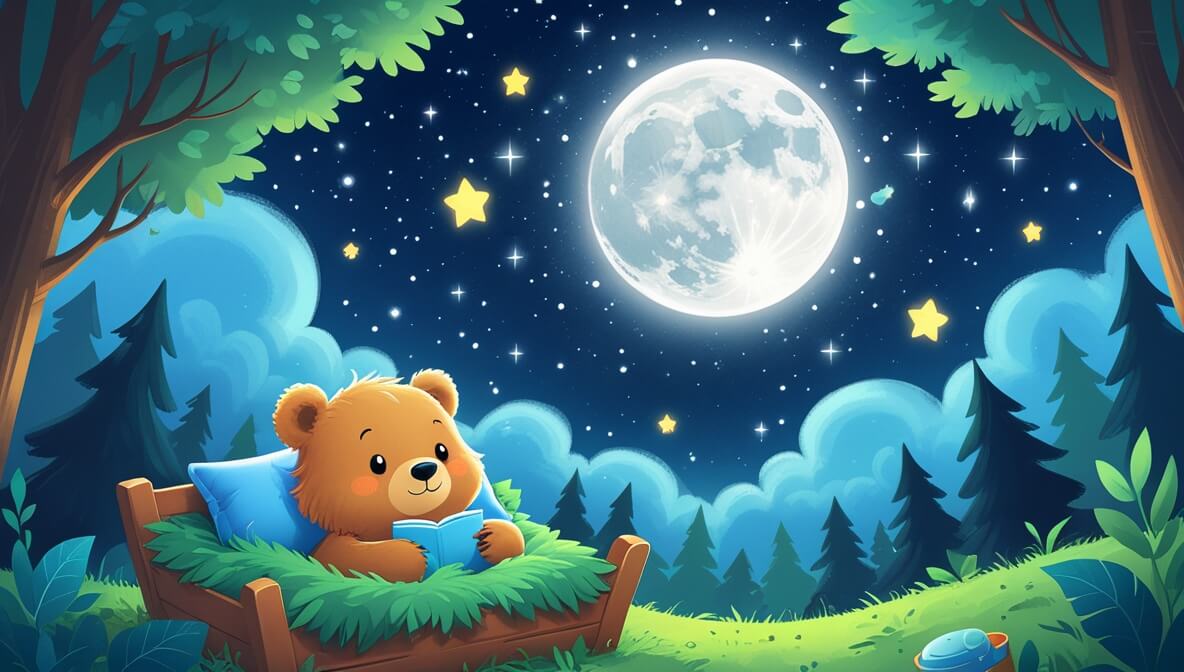 Fluffy bear in a leafy bed under a radiant moonlit sky with twinkling stars in an enchanted forest.
