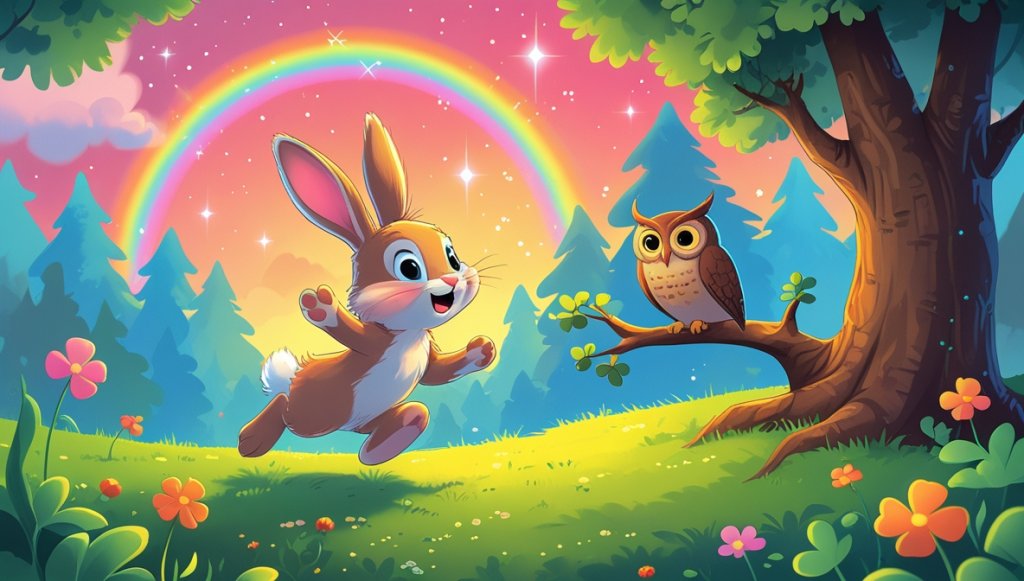 Young bunny hops beside wise owl on a branch, under pink-orange sky with a rainbow and stars in a cozy forest.