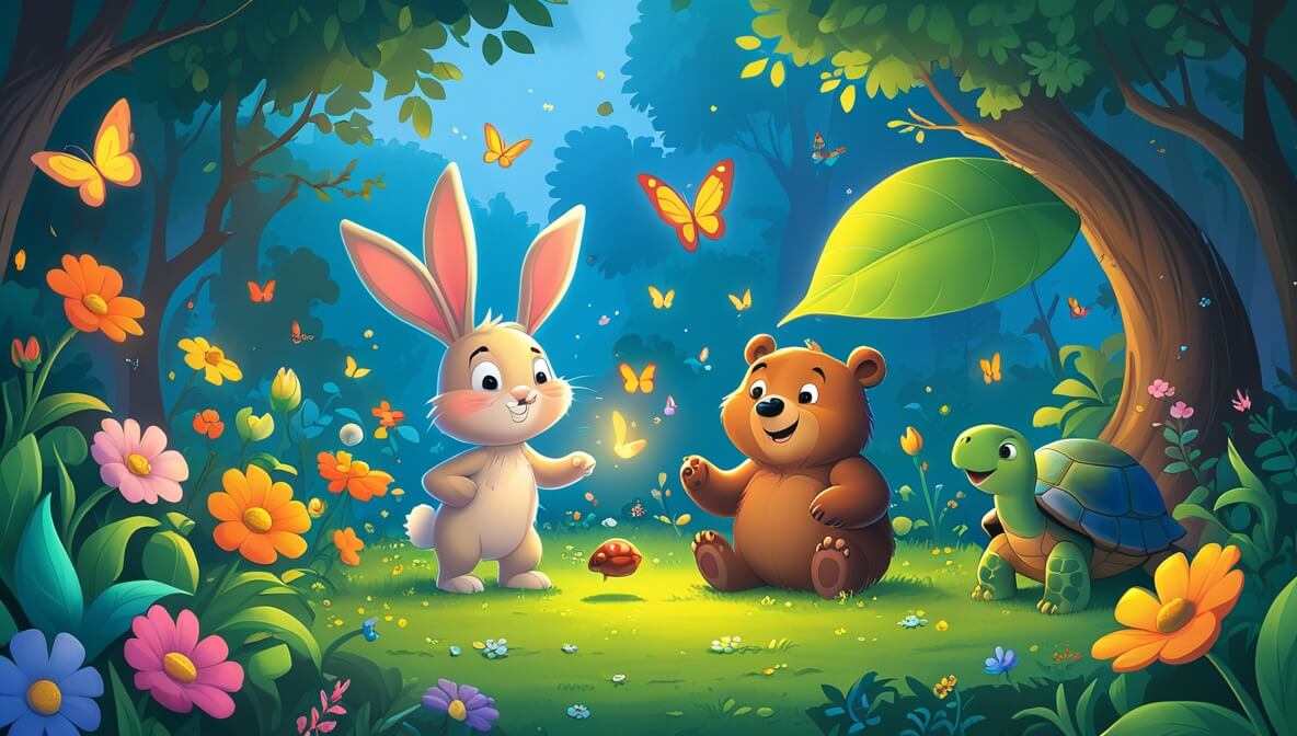 Bunny with floppy ears and bear smiling in a garden, butterflies, flowers, singing bird, and wise turtle nearby.