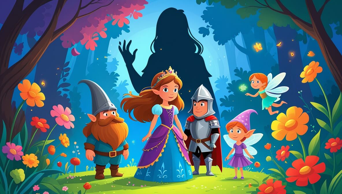 Princess with flowing hair in enchanted garden, with knight, gnome, fairy, and shadowy figure in background.