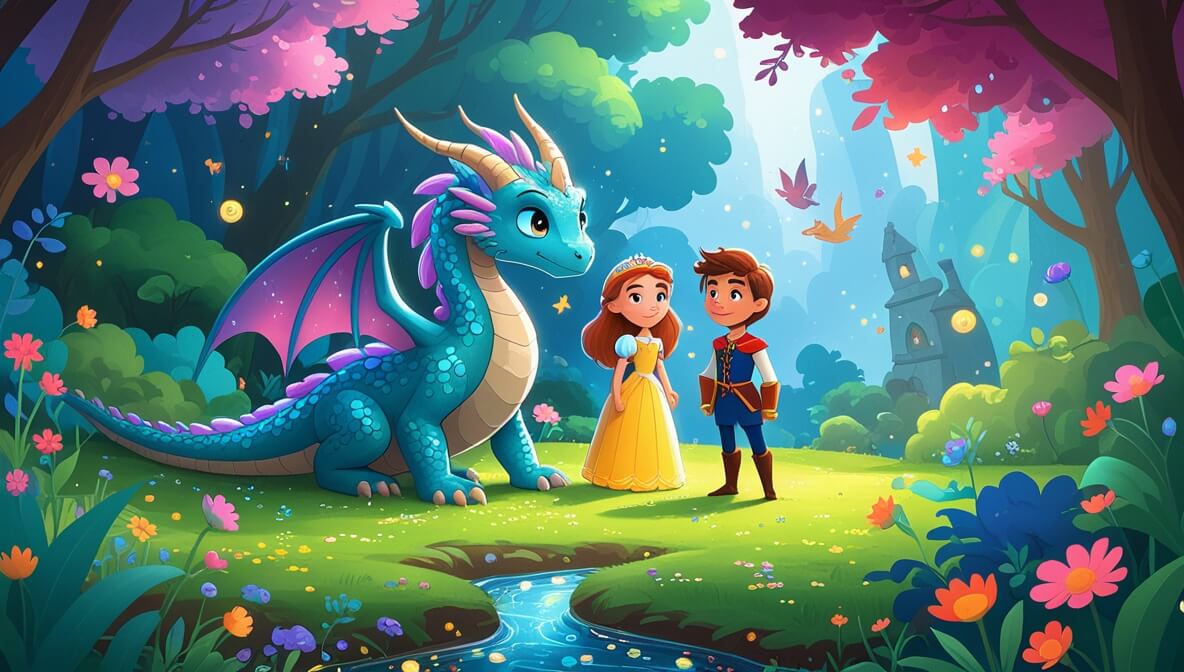 Blue-eyed dragon with shimmering scales beside a kind-hearted princess and brave prince in a vibrant, magical garden.