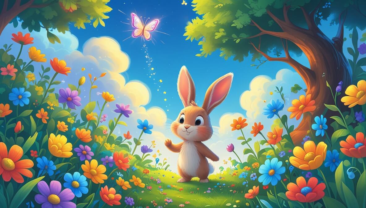 Curious bunny in a flower garden with a shimmering butterfly under a sunlit sky.