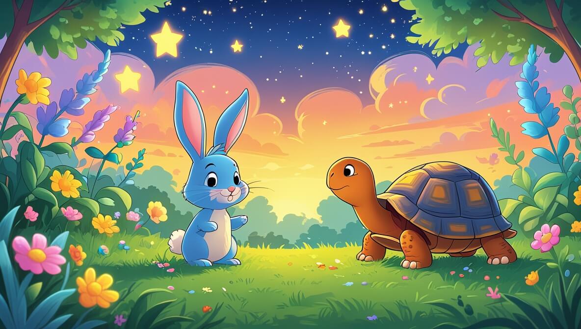 Playful bunny and wise tortoise in a vibrant flower garden under a sunset sky with emerging twinkling stars.