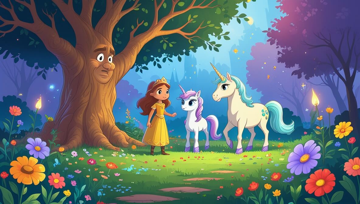 Princess Marigold and Twinkle the unicorn in a colorful flower garden, facing the wise old tree Oakley.