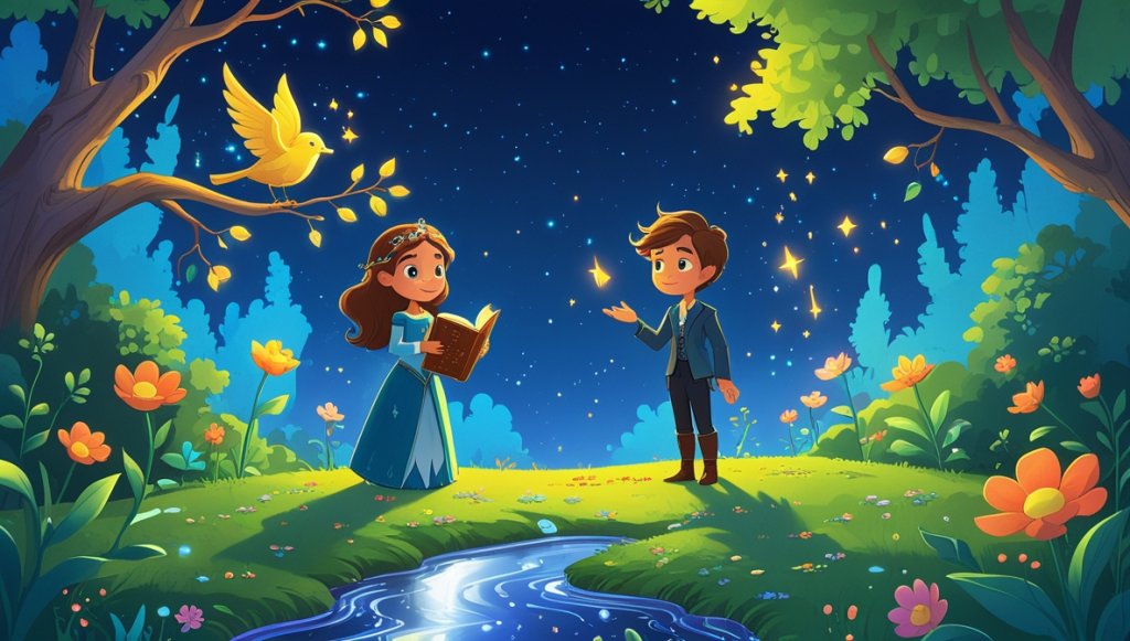 Princess with spellbook by a stream, enchanted nightingale on branch, flowers blooming under starlit sky.