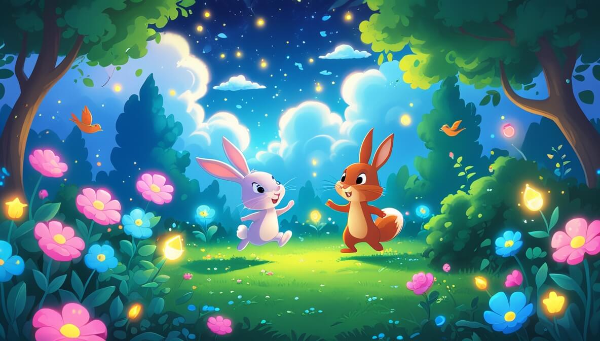 Bunny and squirrel in a magical garden with glowing flowers, singing birds, and twinkling lights under soft clouds.
