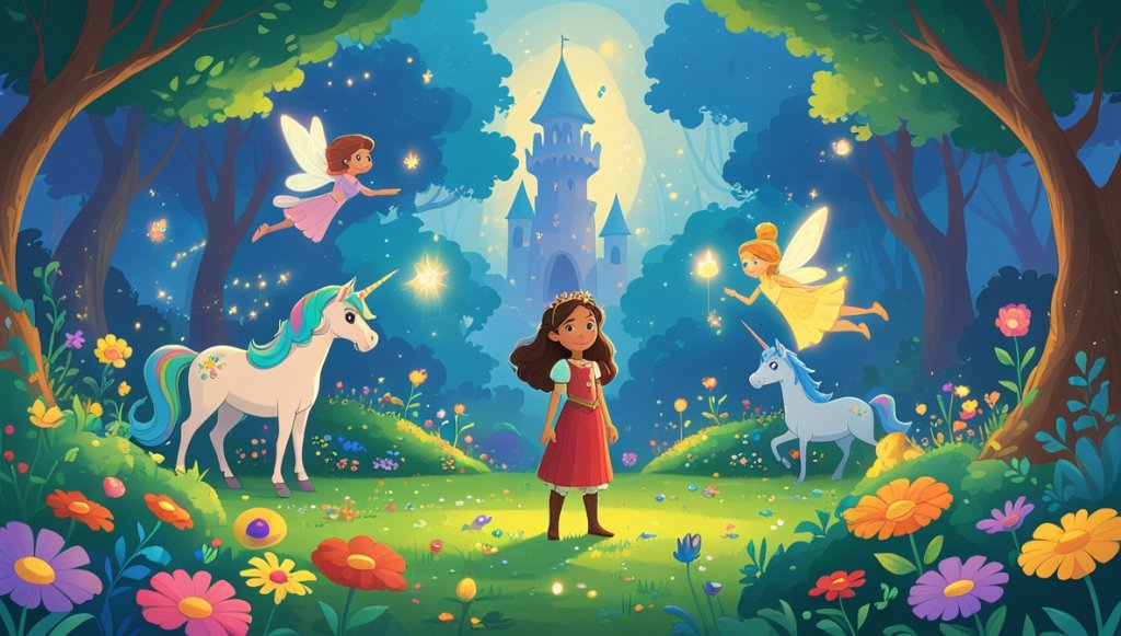 Princess Liora in a colorful garden with a unicorn and sparkly Fairy Marigold, facing a misty distant tower.