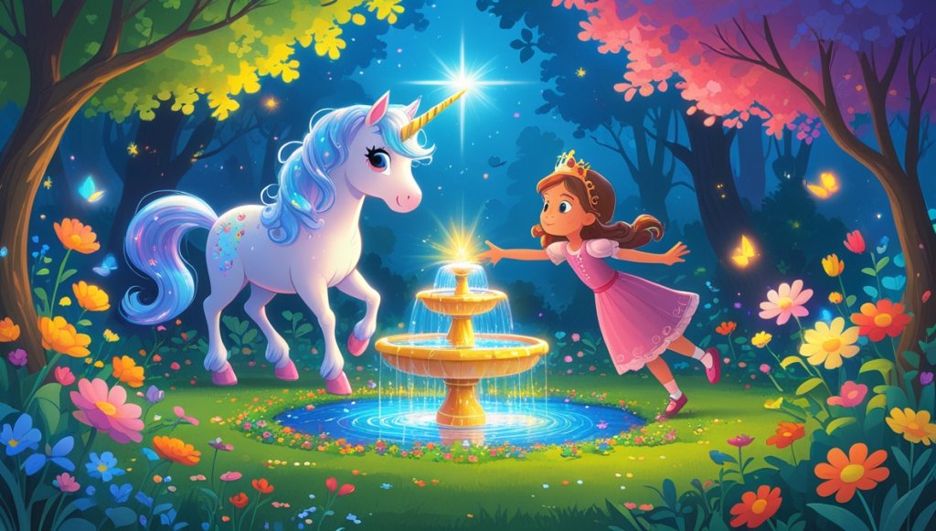 Princess touches a glowing fountain in a colorful enchanted garden, beside a unicorn with a shimmering mane.