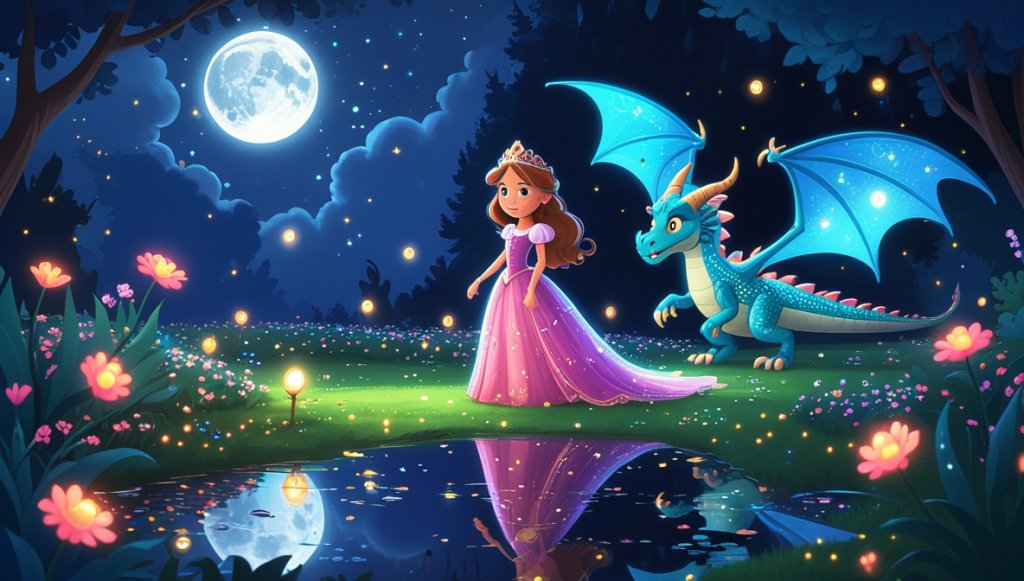 Princess in a glowing garden with sparkling flowers, a friendly dragon, and moonlit pond reflecting silver glow.