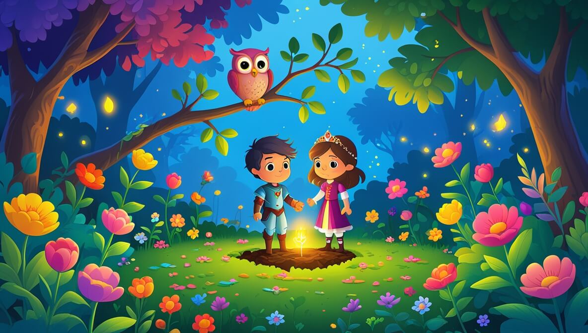 Princess and knight in a flower-filled garden, enchanted owl above, golden light from a magical seed below.