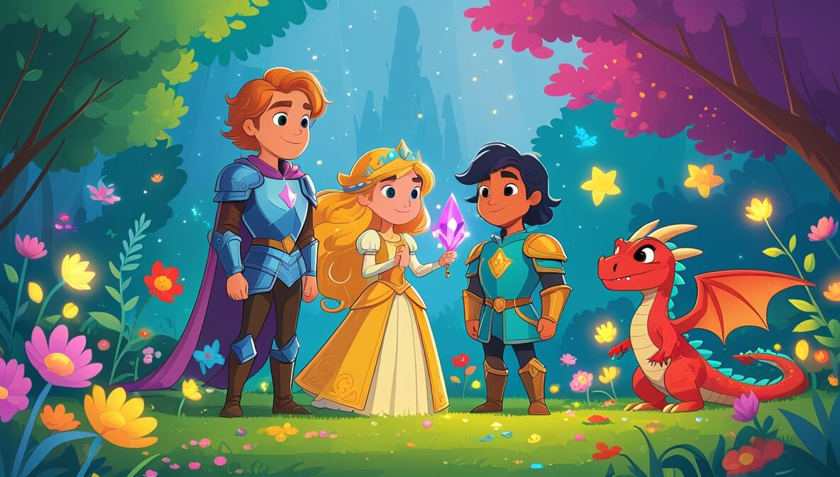 Princess with golden hair holds glowing Crystal Bloom in a vibrant garden, with knight and playful dragon beside her.