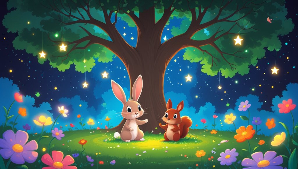 Bunny and squirrel under a glowing oak tree with twinkling stars and vibrant, swirling flowers in a magical garden.