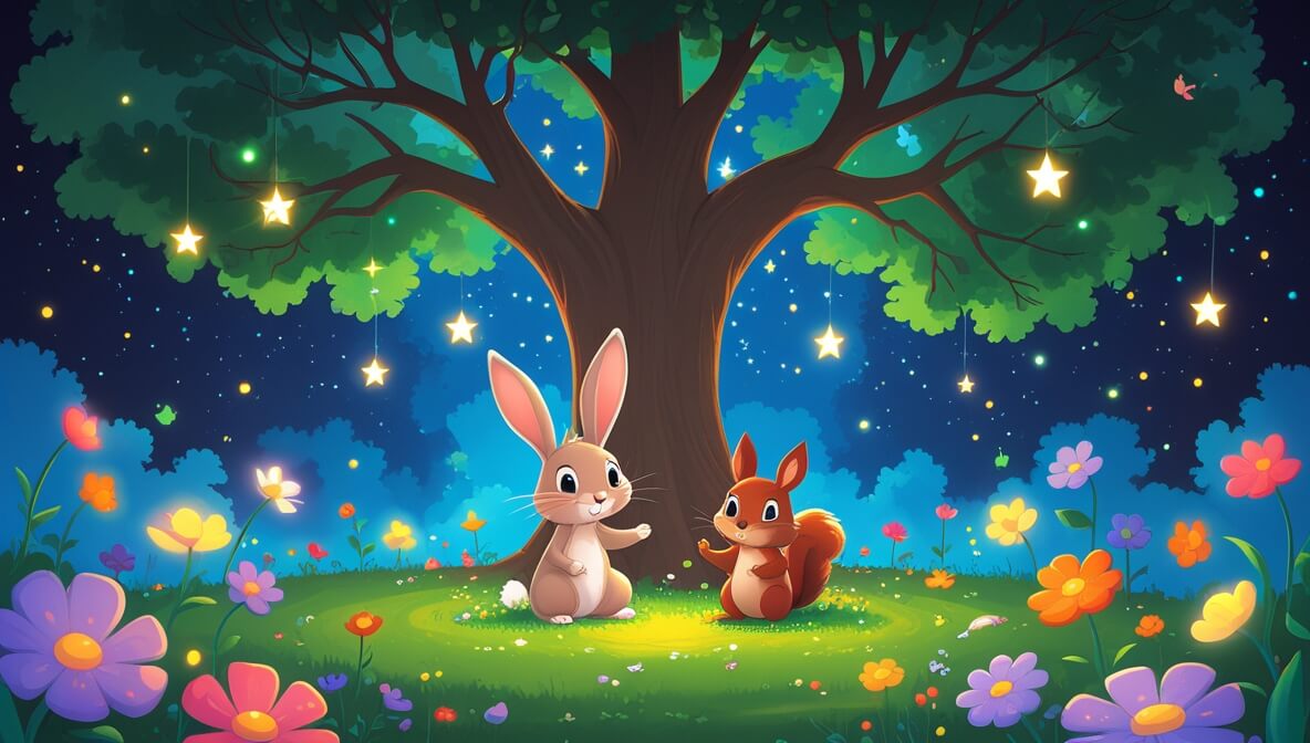 Bunny and squirrel under a glowing oak tree with twinkling stars and vibrant, swirling flowers in a magical garden.