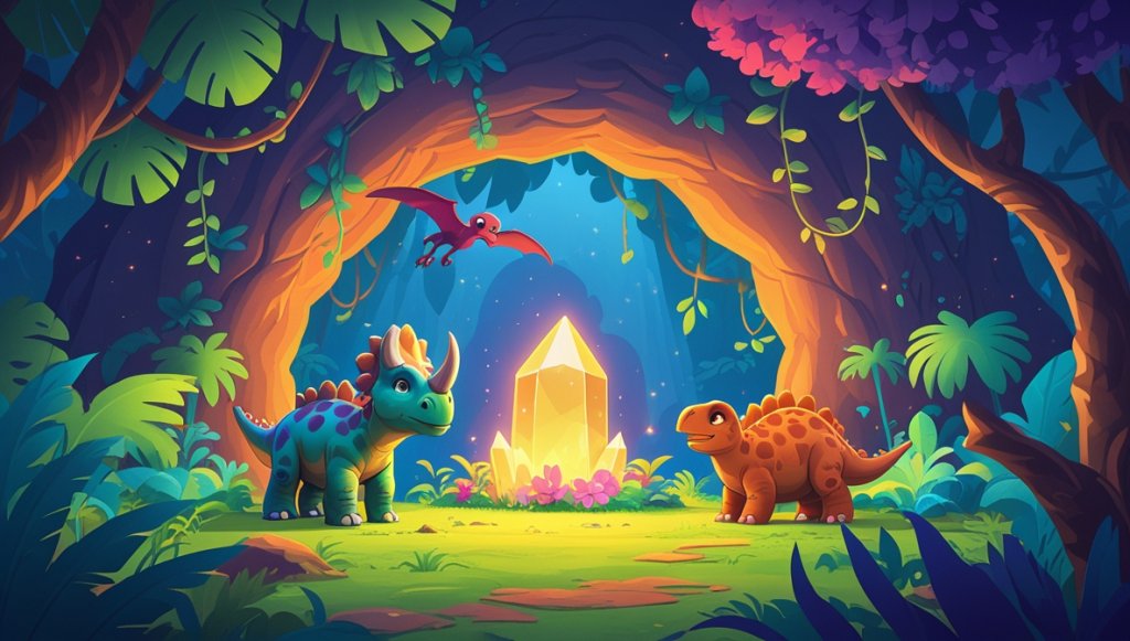 Triceratops and Pterodactyl by a glowing crystal in a vibrant jungle cave with blooming vines.