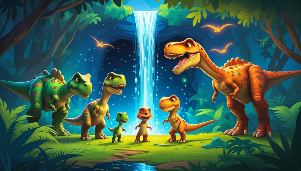 Dinosaurs in a glowing cave behind a waterfall, amazed by colorful stones lighting up the walls.
