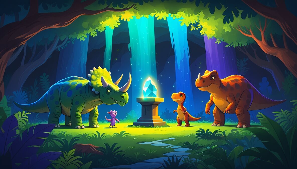 Grumple the Triceratops and Jinx the Brachiosaurus in a cave with a glowing stone casting colorful lights.