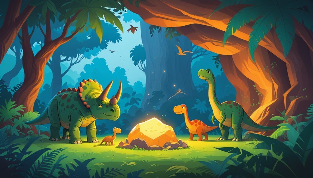 Triceratops, Brachiosaurus, and Pterodactyl exploring a glowing stone among vibrant cave paintings in a dense jungle.