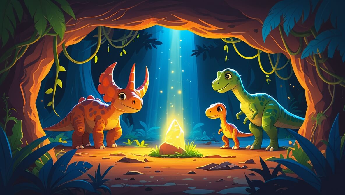 Zinnia, Tito, and Barkley in cave, glowing stone lights their faces, with Lumi peeking in, surrounded by jungle vines.