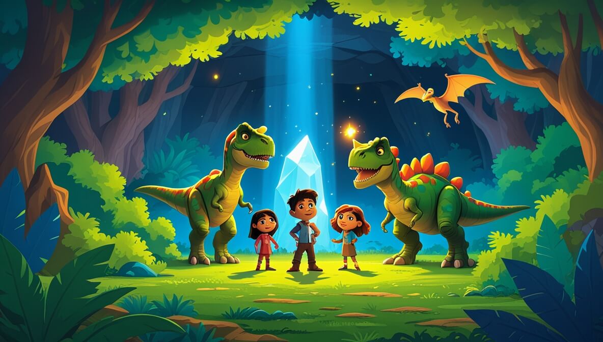 Brave T-Rex with dinosaur friends in a lush valley, amazed by a glowing stone in a shadowy cave.