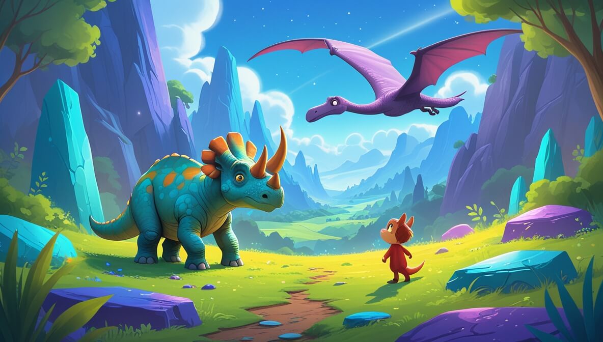 Triceratops and Pterodactyl in a vibrant valley with blue, green, and purple stones under a clear sky.