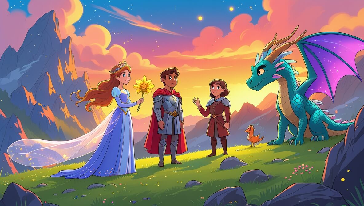 Princess Elowen, Sir Cedric, and Whisper the Dragon atop Whispering Mountains at sunset with a golden blossom.