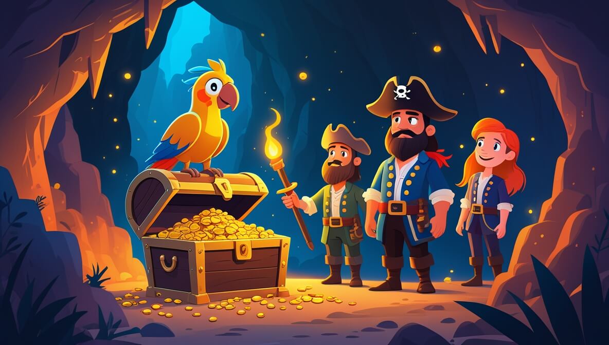 Pirates in a dim cave marvel at a sparkling Golden Parrot atop a treasure chest filled with gold and jewels.