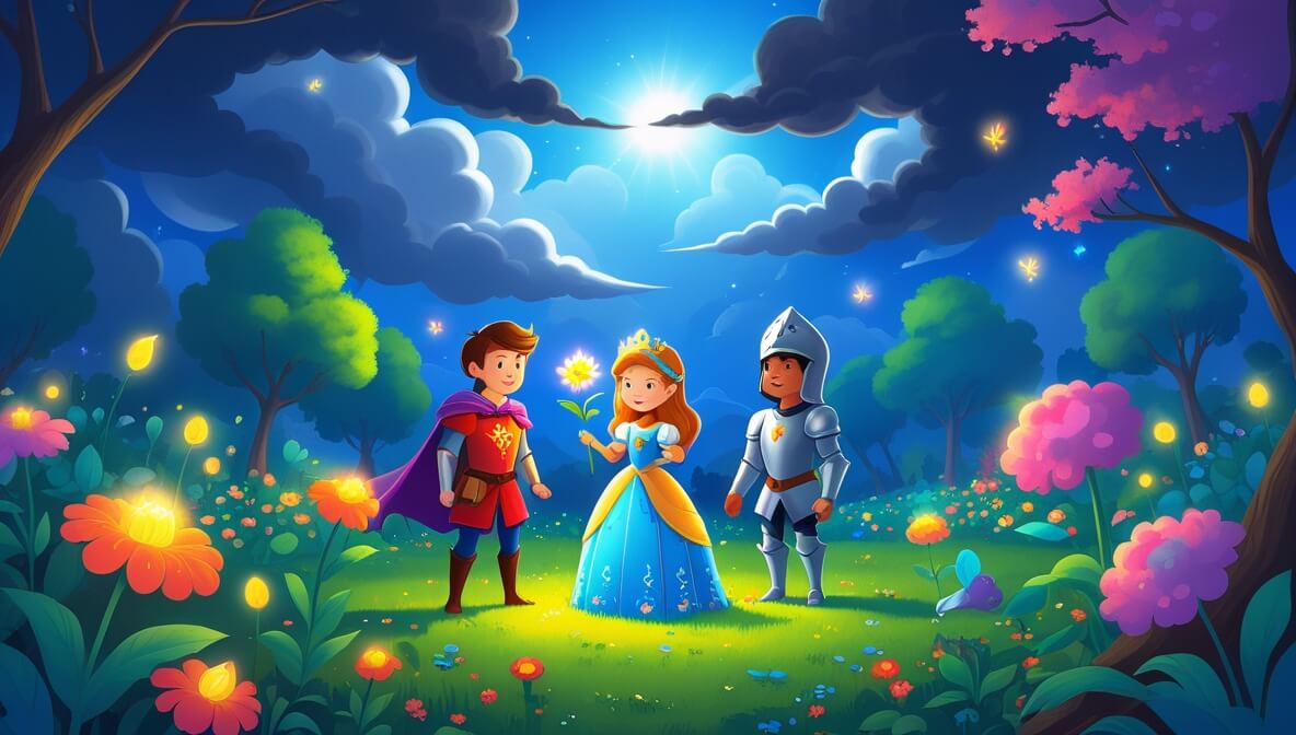 Princess with glowing flower in vibrant garden, loyal knight and firefly nearby, under bright sky and fairy's gaze.