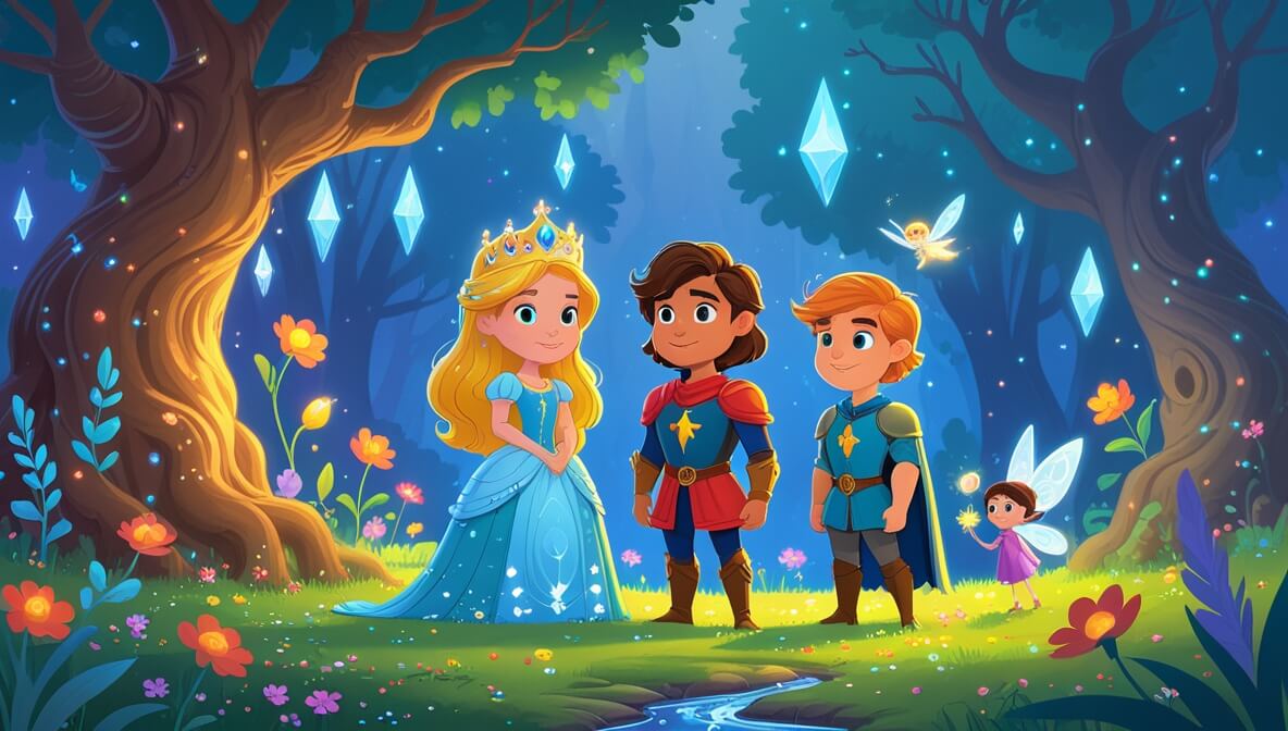 Princess Mirabella with golden hair, Sir Galen, and Wisp the fairy in a magical glade by a crystal tree.