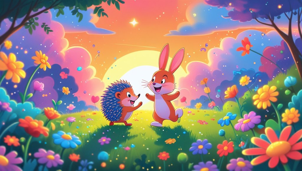 Hedgehog and bunny dancing in a rainbow garden with colorful flowers and a sunset sky in orange and pink hues.