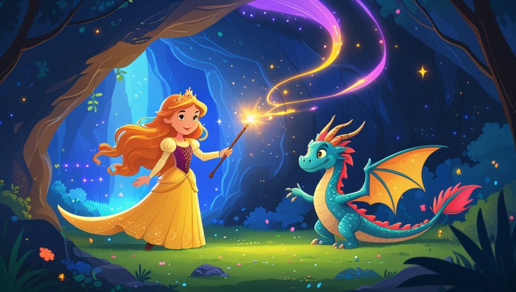Princess with golden hair and gentle dragon in a glowing cave, surrounded by silver light and colorful enchantress.