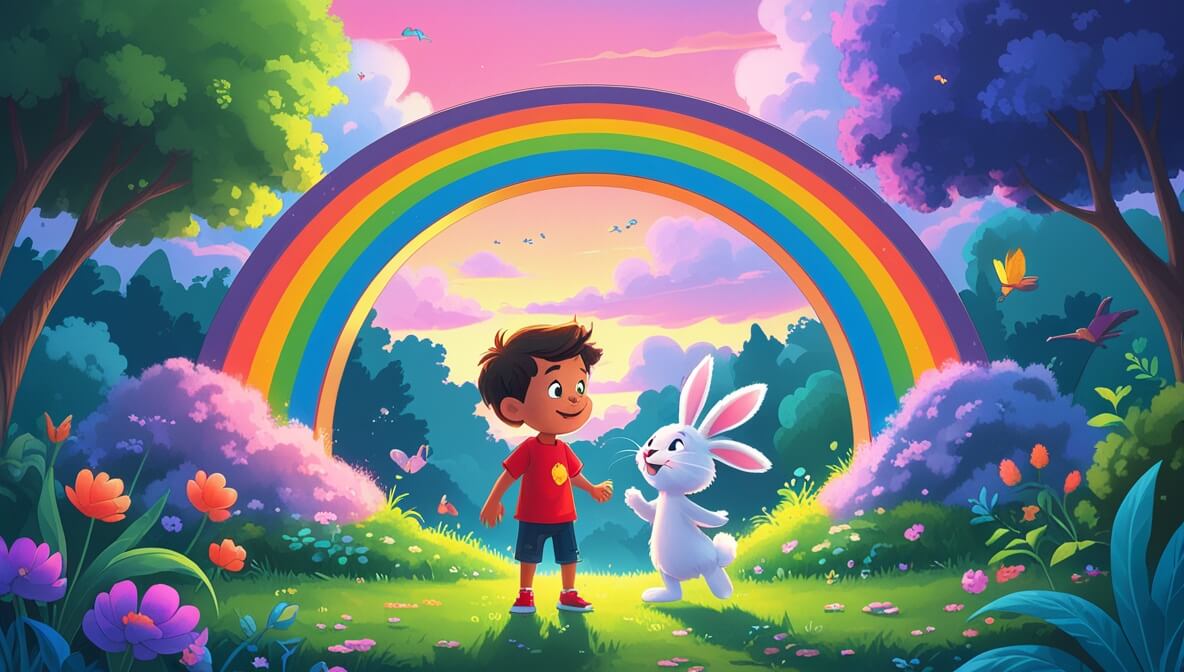 Joey in red shirt on rainbow bridge with fluffy white bunny, under a sunset sky of pinks and purples.