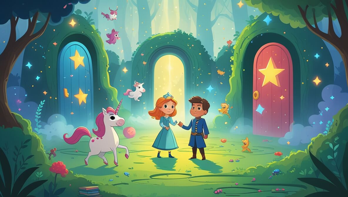 Princess and knight by an enchanted labyrinth entrance, surrounded by mist and magical creatures, with a unicorn.
