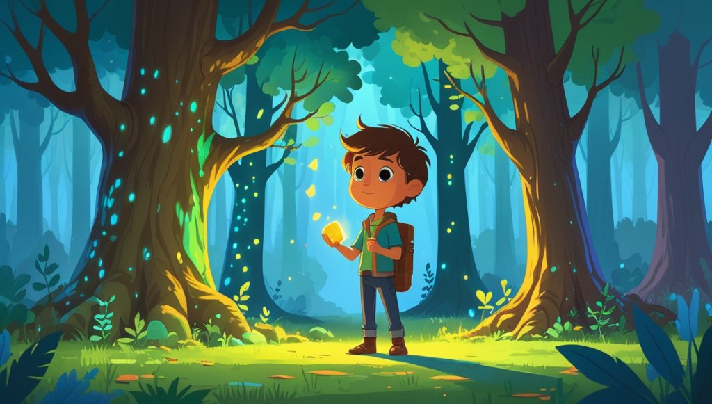 Young boy, Leo, in a glowing, enchanted forest holding a shimmering stone, Flint, under colorful shadows.