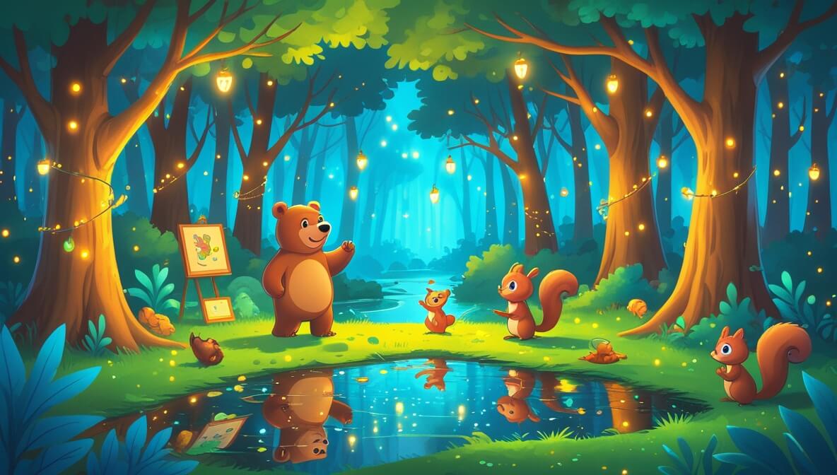 Friendly bear and cheerful squirrel in a magical forest with twinkling lights, shimmering pond, and playful animals.