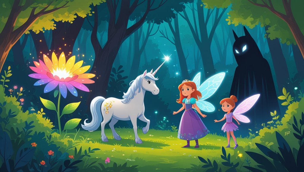 Princess with a unicorn and fairy in a vibrant forest, glowing multicolored flower, shadowy figure in the distance.