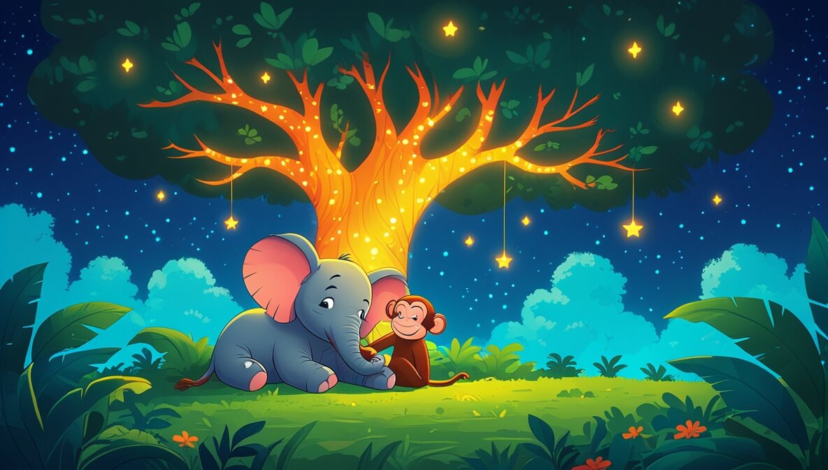 Elephant and monkey resting under a glowing tree in a starry jungle night.