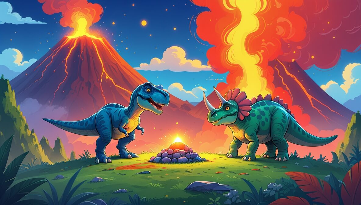 Rexor T-Rex and Trilli Triceratops on a mountaintop, calming lava with glowing stone, vibrant sky colors.